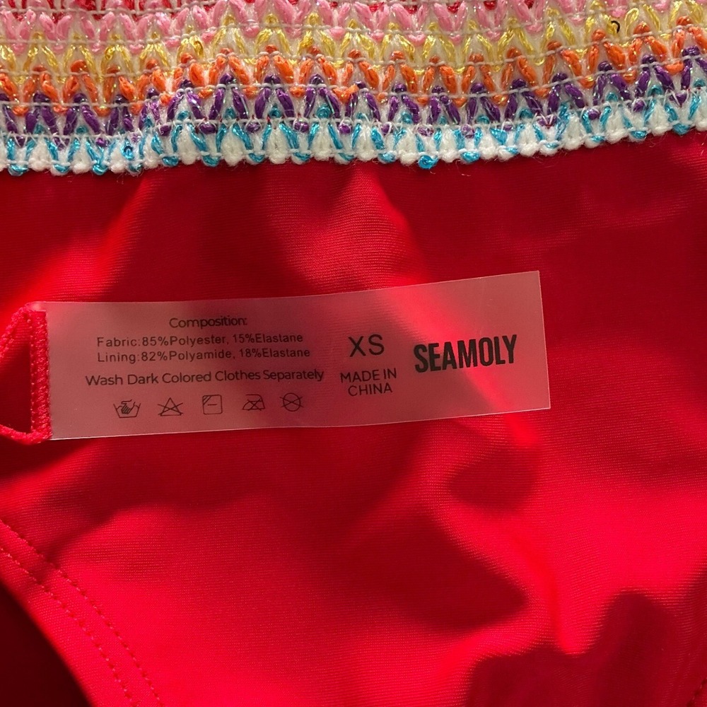 SEAMOLY Red Boho Rainbow Trim Bikini‎ Set High Waisted XS Beach Pool Gym Cruise - Picture 6 of 12